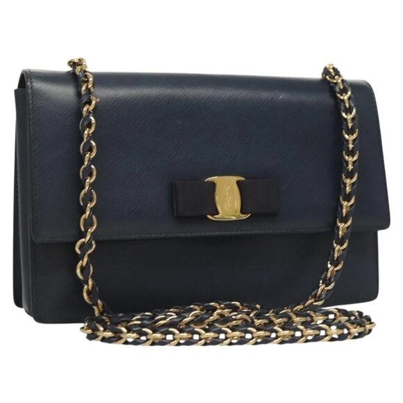 Salvatore Ferragamo Vala Chain Shoulder Bag Leather Navy Gold - Picture 1 of 16